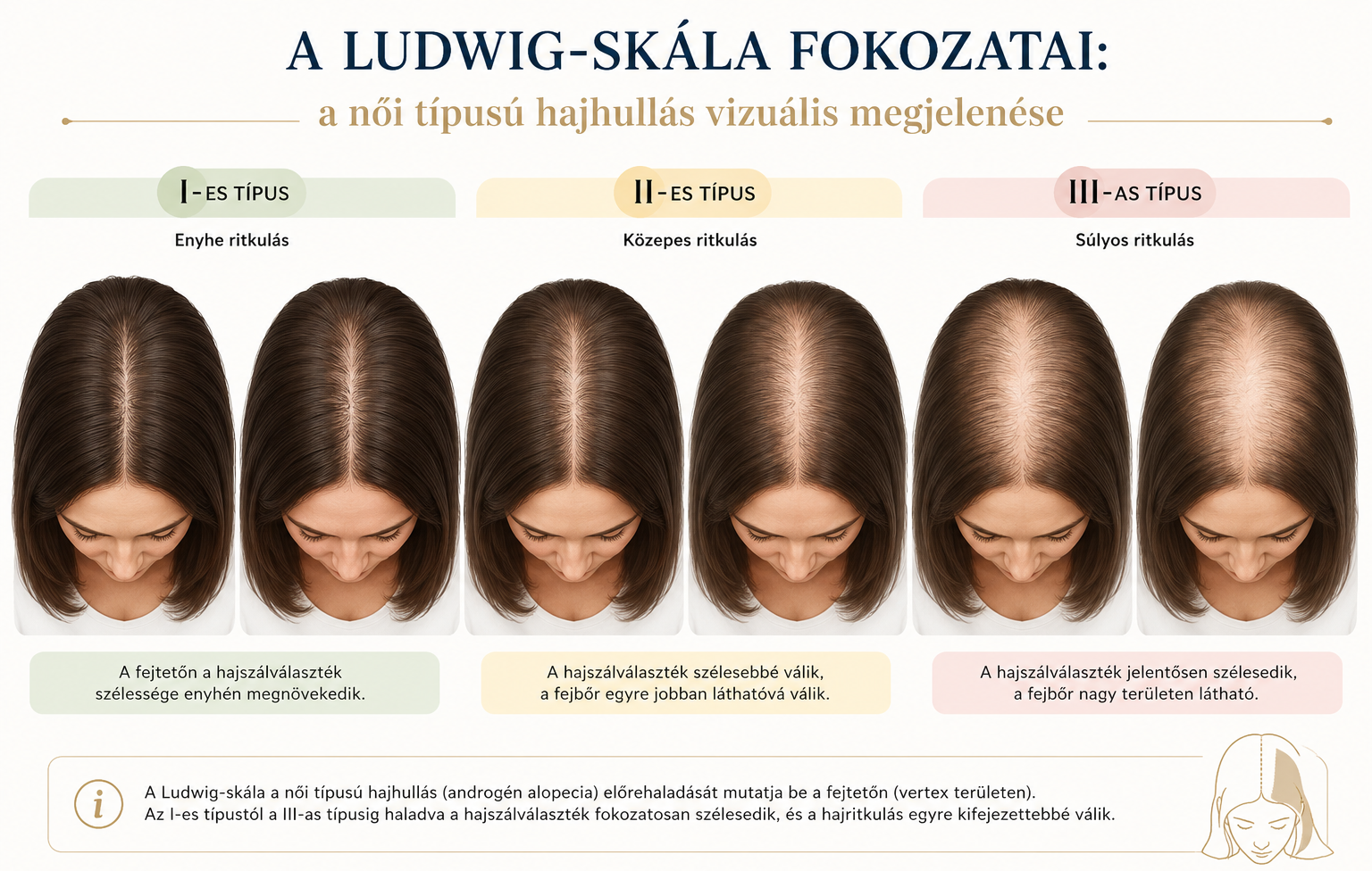 A Ludwig-skála fokozatai: a női típusú hajhullás vizuális megjelenése