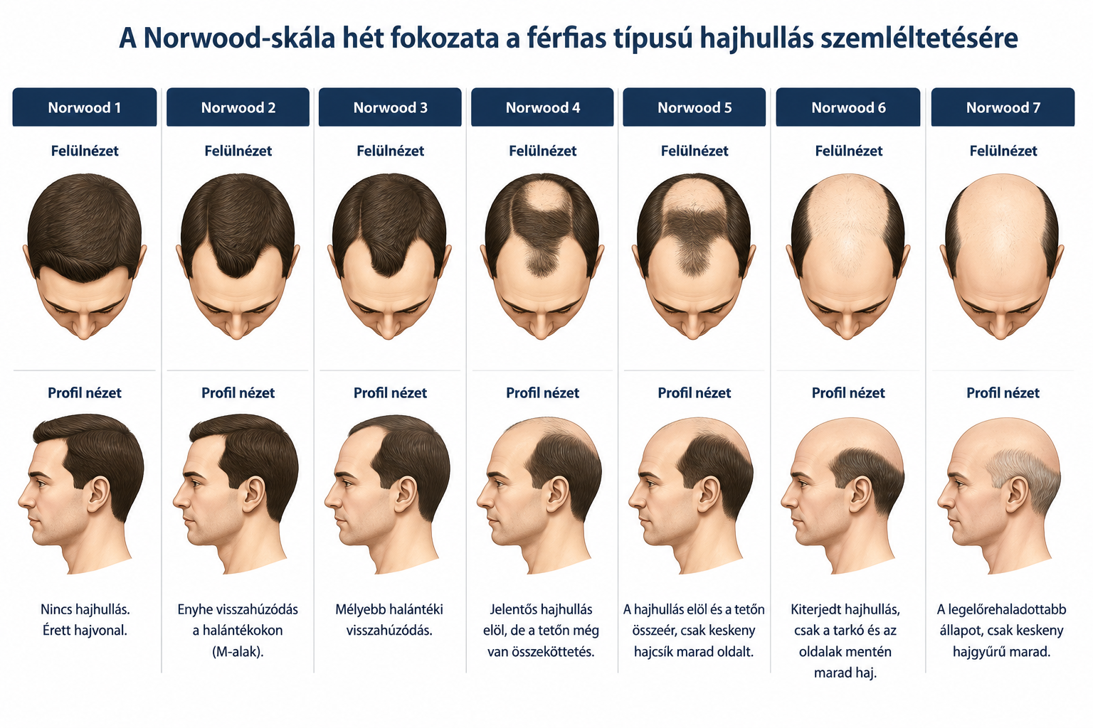 A Norwood-skála hét fokozata a férfias típusú hajhullás szemléltetésére